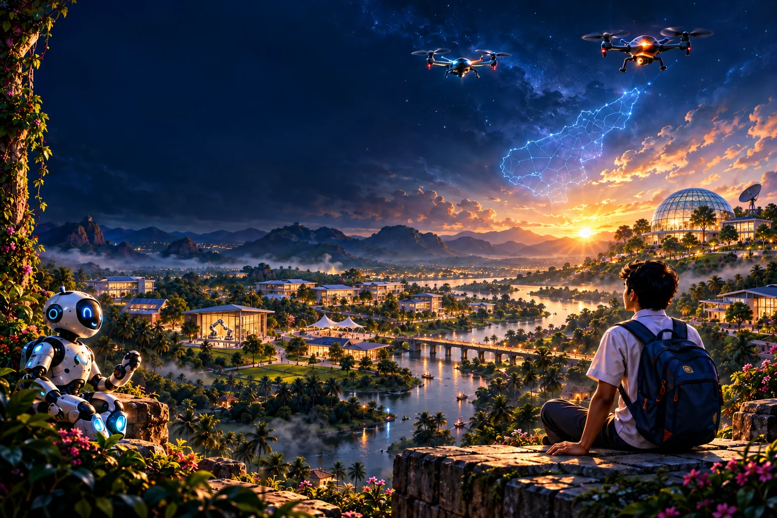 A student and friendly robot overlooking an Andhra innovation campus with science pavilions, drones and a glowing Andhra Pradesh map